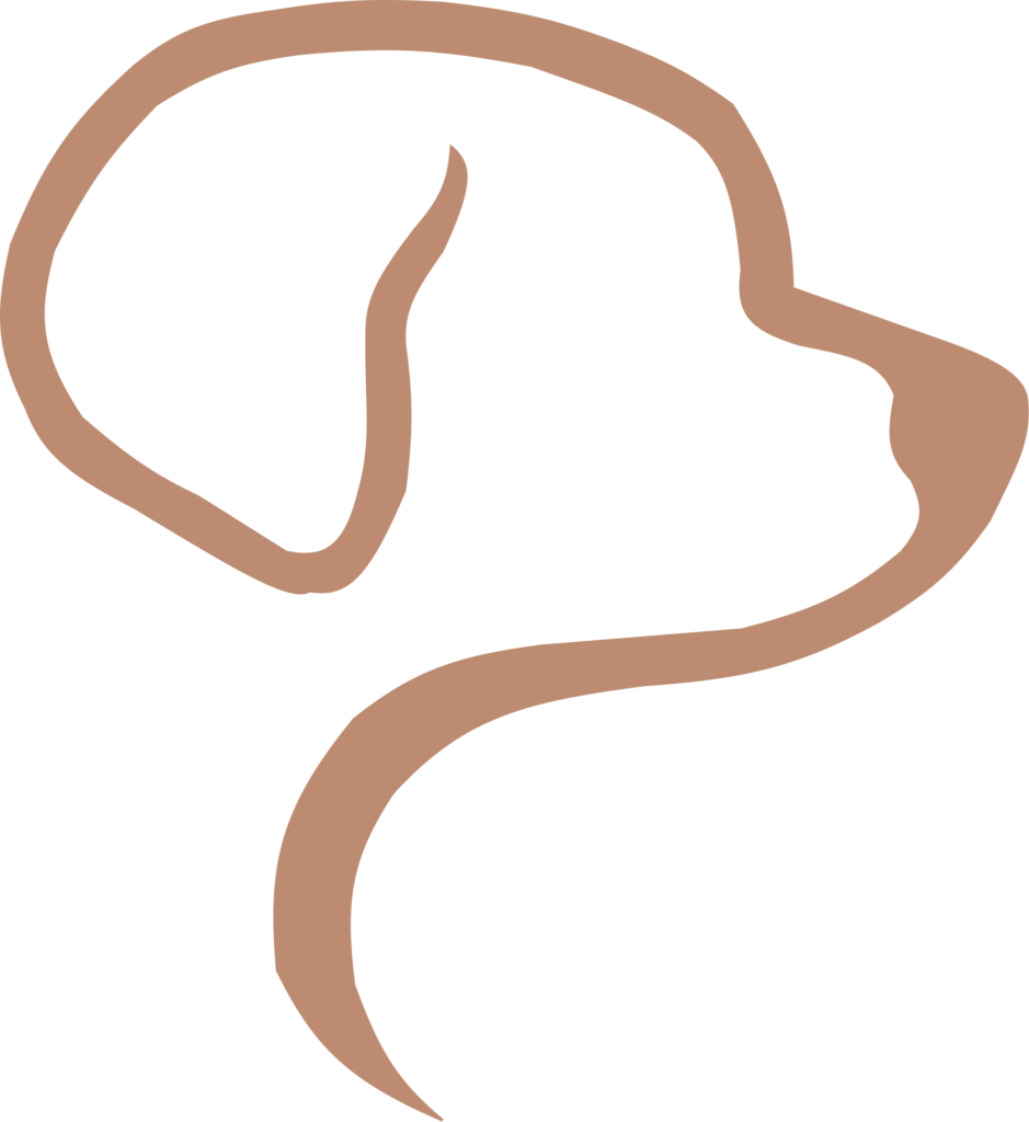 Simple tan line-art outline of a dog’s head in profile, showing the ear and muzzle on a transparent background.